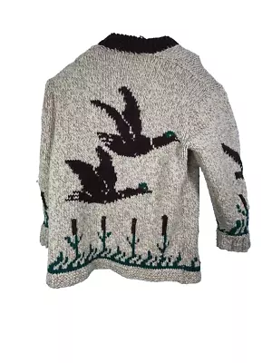 VTG Handmade Men's Duck Hunting Nature Wool Chunk Knit Cardigan Sweater Sz L • $72