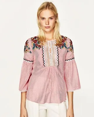 $23 • Buy Zara Pink White Striped Embroidered Boho Long Sleeve Peasant Top Size XS