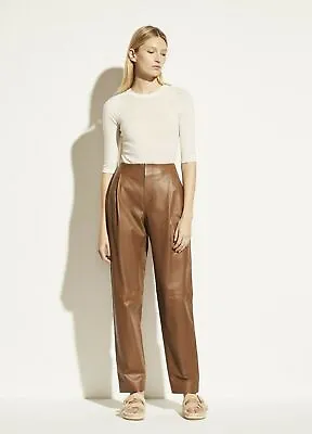 Vince Fawn Leather Pleat Tapered Leg High Waist Brown Pants Size 8 NWT $1195 • $289