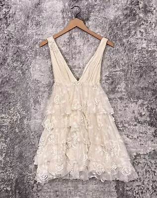 Alice Olivia Dress XS Womens Ivory Silk Mesh Tiered Embroidered Mini • $49.99