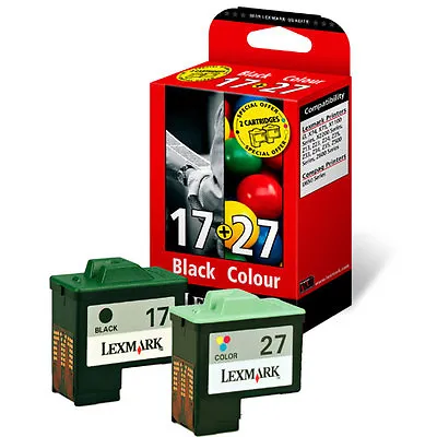 2 GENUINE CARTRIDGES LEXMARK 27 COLOUR + 17 BLACK -No Box 10N0217E 10N0227E • £24.92