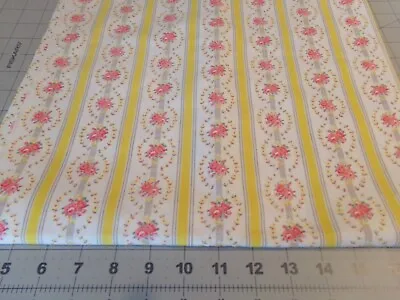 1 Yd X 28  Vintage Cotton Fabric Pretty Pillow Ticking Yellow Floral Stripes • $5.89
