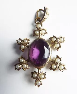 Lovely Edwardian / Victorian Gilt Faux Amethyst Seed Pearl Pendant Signed T+H • £59.63