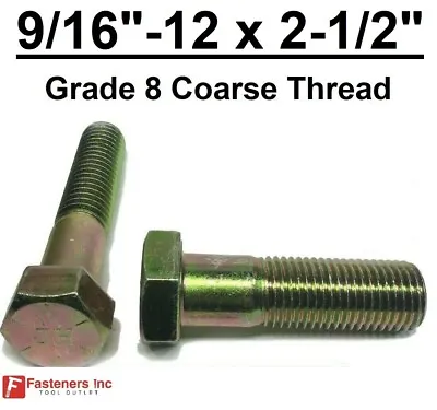 9/16-12 X 2-1/2  Hex Bolt Yellow Zinc Plated Grade 8 Cap Screw Coarse Thread • $10.58