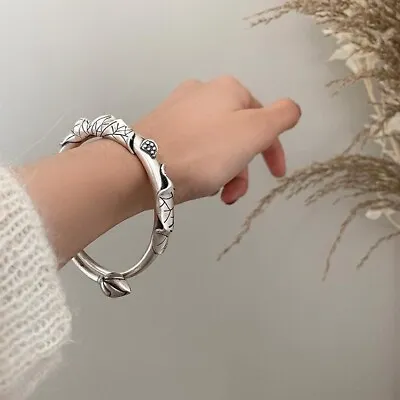 925 Sterling Silver Vintage Elegant Unique Lotus Cuff Bracelet Stylish Bangle • $8.78