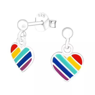 Cute Rainbow Heart Sterling Silver Drop Earrings - Boxed Pride Girls • £11.99