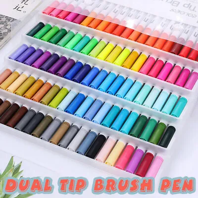 £6.99 • Buy UK 24 Colour Brush Pens Set Dual Tips Soft Fine Art Markers Drawing Watercolour