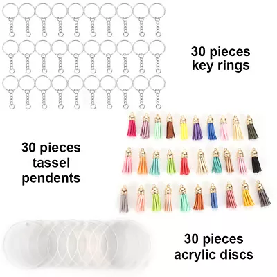 Keychain 90Pcs Kit Tassel Pendant Acrylic Discs Clear Circle Keyrings Blanks Set • £7.59