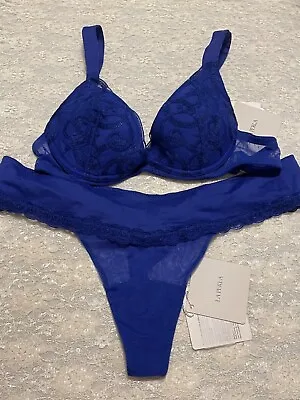 La Perla Florence Collection 32B XS Push Up Bra Thong Panty Set Royal Blue • $149.99