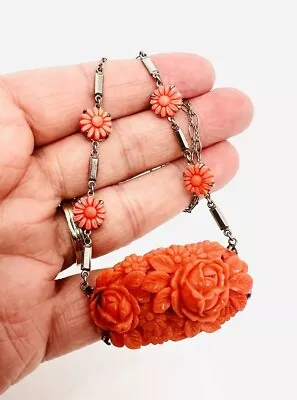 Art Deco Carved Celluloid Faux Coral Floral Necklace Vintage Antique Jewelry • $129.99