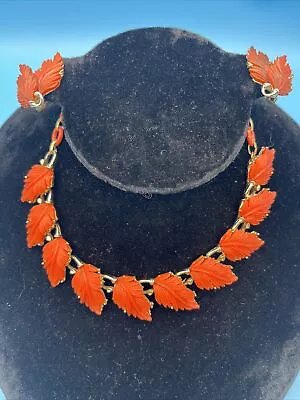 Vintage Lisner Orange Peach Leaf Thermoset Necklace & Clip Earrings Set • $37