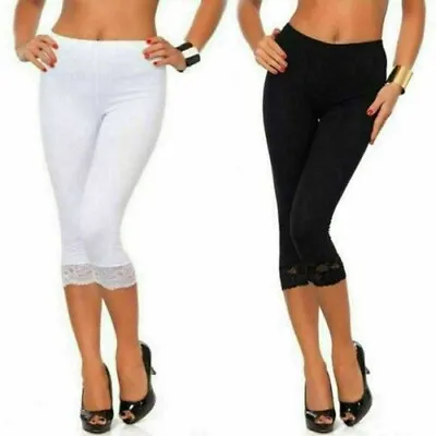 New Womens Cropped 3/4 Length Soft Ladies Leggings With Lace Active Pants • £5.99