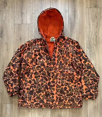 Vintage LAKE ‘N TRAIL Men’s Vinyl Camo Hoodie Hunting Jacket Medium Orange • $49.99