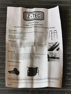 Z-tec Zimmer Walking Frame User Manual - Zt~0560c • £2.99