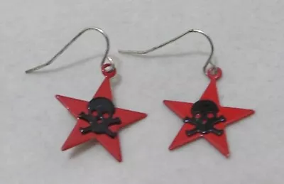 Black SKULL & CROSSBONES On Red STAR Plastic Dangling Earrings 1-1/8” • $4.98