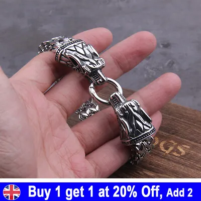 £10.59 • Buy Men Stainless Steel Viking Wolf Fenrir Head Wolves Head Bracelet Bangle YE