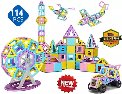 Magnetic Tiles Building Block Stacking Toys For Kids 114Pс Set Shapes Colors Kit • $42.89