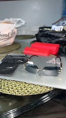 Men Cartier Sunglasses Rimless Wood Glasses Eyeglasses Black Lens 145MM • $90