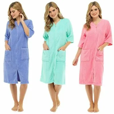 Womens Zipped Dressing Gown Ladies Cotton Bathrobe SIZE 8-10 Pink Lilac Mint • £18.99