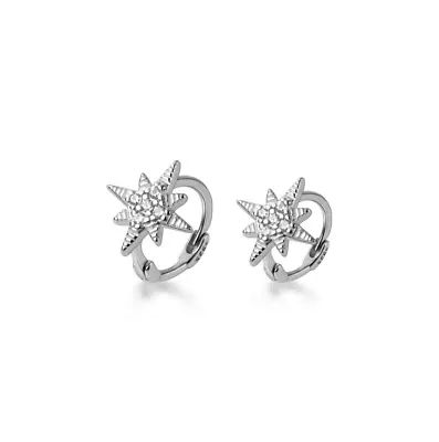 $13.95 • Buy Snowflake Star Sterling Silver Cubic Zirconia Huggie Hoop Earrings 9mm Gift PE54