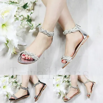 £11.99 • Buy Ladies Womens Diamante Ankle Strap Sandals Back Zip Flat Summer Beach Shoes Size