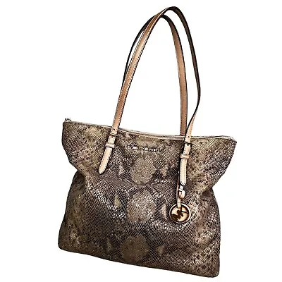 Michael Kors Python Effect Bag Tote Embossed Leather Snakeskin Print Tan Black • $74.99