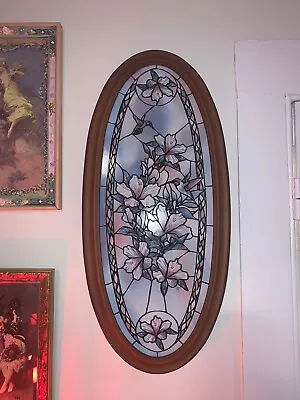 Vintage Painted Stained Glass Floral Oval Picture Hummingbird Painting • $32
