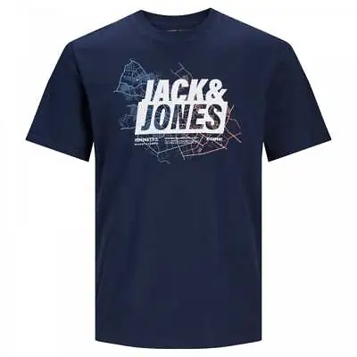 Mens Plus Size Jack & Jones Map Logo T-Shirt Navy Blazer 2XL-5XL • £14