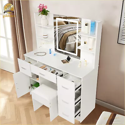 Smart LED Lights Mirror Vanity Makeup Dressing Table Desk With Stool & 6 Drawers • $198.78