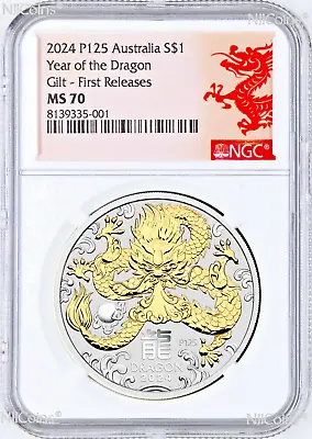 2024 Australia GILDED Silver Lunar Year Of The DRAGON NGC MS 70 1oz Coin FR GILT • $179.99