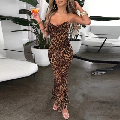 $18.83 • Buy Women Sexy V Neck Leopard Backless Lace Up Slim Fit Bodycon Long Dress Ball Gown