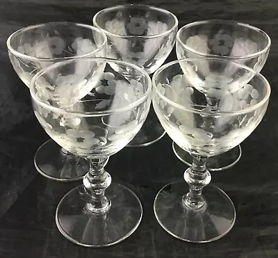 Vintage Clear Flower Etched Claret Wine Glass Set 5 Stemware Drinkware • $49