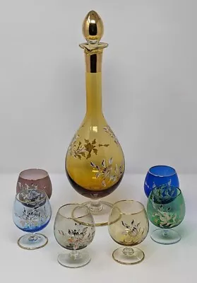 Hand Blown  1920's-1930's Italian Decanter With 6 Glasses Gold Trim Cordial Set  • $42