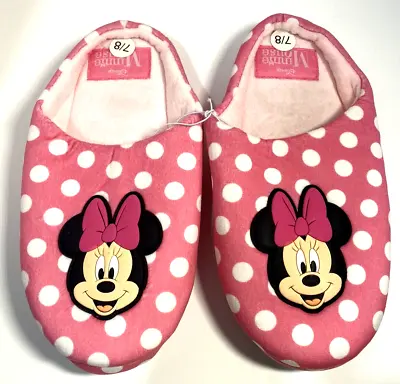 Minnie Mouse Slippers Pink White Dots Plush Women's Size Medium (7-8) • $29