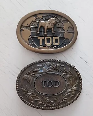 Pair Vintage Tod Belt Buckles Solid Brass Oval Mack Truck Bulldog Smykal Kinney • $12.99