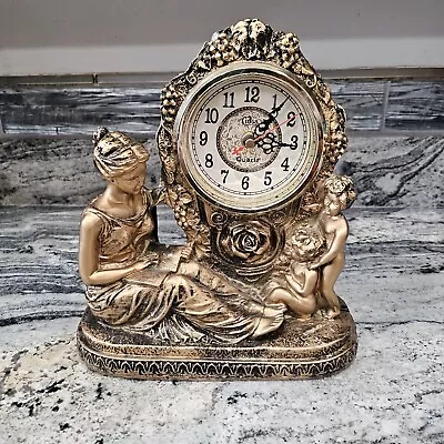 Vintage Gold Ornate  Figural Women & Child Mantle Desk Clock Resign 10  X9  X3  • $49.99