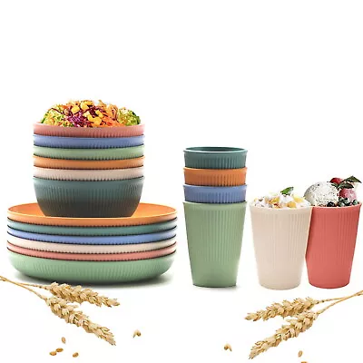 18Pcs Wheat Straw Dinnerware Sets For 6 Unbreakable Colorful Plates Bowls Cups • $33.39