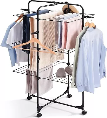 TOOLF Drying Rack Clothing 3-Tier Collapsible Clothes Drying Rack With Wheels • $31.49