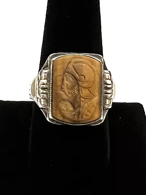 Vintage Men’s Art Deco Sterling Silver Carved Tigers Eye Intaglio Ring Size 10 • $30