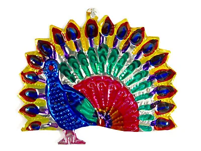 PEACOCK Bird Hand-Punched Tin Ornament Colorful Mexican Folk Art • $4.75