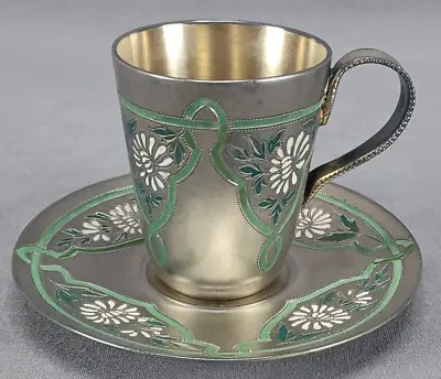 E.G. Webster Enameled White Floral & Green Scrollwork Silverplate Cup & Saucer • $125