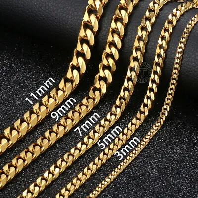 14K Gold Plated Stainless Steel Cuban Curb Chain Necklace Bracelet 3/5/7/9/11mm  • $14.39