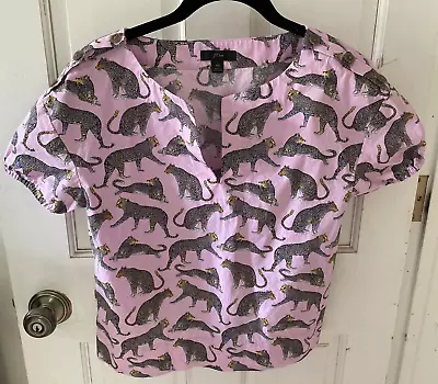 J. Crew Cheetah Ratti Pink Open V-Neck Top Short Puff Sleeves Size Small • $24.99