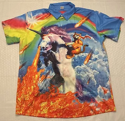 Rambo Kitty Riding Bad Ass Firebreathing Unicorn Button Up Shirt - XL • $19.98