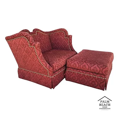 Oversized MARGE CARSON Damask Wingback Chair With Rolling Ottoman • $2995