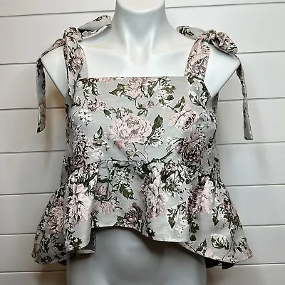 Moodie Top Large Floral Jaquard Tie Straps Hi Low Ruffle Hem Button Down Back • $24.65