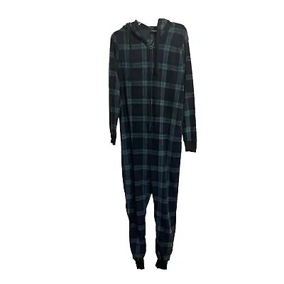 Falls Creek Unisex Medium Green Plaid Microfleece Hooded One-Piece Pajamas • $19.99