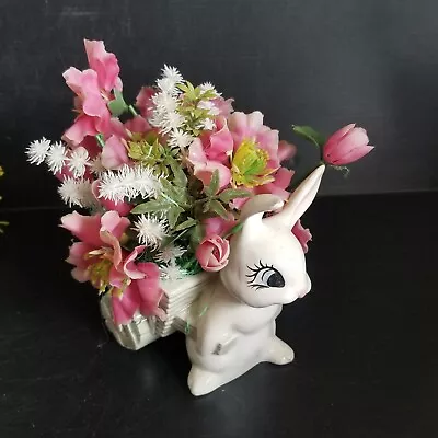 Vintage Easter Ceramic Bunny Cart Rabbit Planter 1950 Plastic Flowers Decoration • $24.50