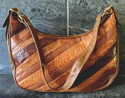 70s Vintage Handbag Snake Lizard Skin Leather Brown BOHO STRIPE - AS IS • $19.99