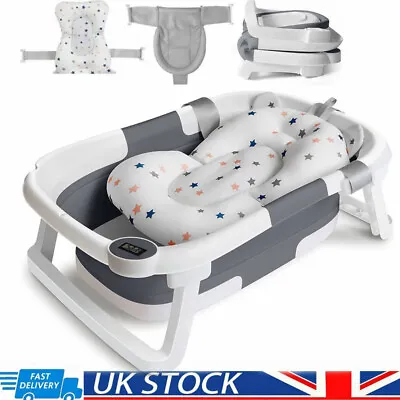 Foldable Baby Bath Tub Ergonomic With Temperature & Cushion Bath Pad + Bath Net • £33.99